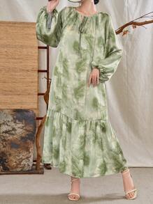 Mulvari Tie Dye Tie Neck Lantern Sleeve Ruffle Hem Dress For Spring & Summer Maxi Women Outfit Fall Cloth For Women - Green - View 7