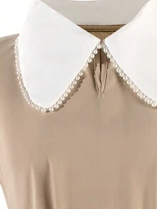 少女拼接彼得潘領無袖休閒工作連身裙，配有假珍珠裝飾，返校服裝 - 彩色 - 查看 5