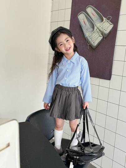 SHEIN Genkimix Kids 年轻女孩休闲落肩宽松条纹百搭翻领衬衫，纯色，适合初秋和春季