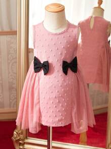 SHEIN Ärmelloses Rundhalsausschnitt Kleid mit Mesh-Splice für Baby Mädchen mit wunderschöner Schleifenverzierung