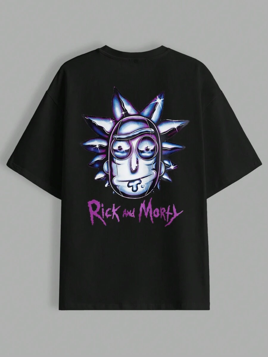 Rick and Morty X SHEIN Men's Casual Cartoon Character And Letter Print Oversized T-Shirt With Drop Shoulder Design, Summer