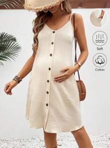 SHEIN Váy có dây đeo spaghetti thông thường dành cho bà bầu màu trơn phía trước cho kỳ nghỉ - Màu Khaki - Xem 3