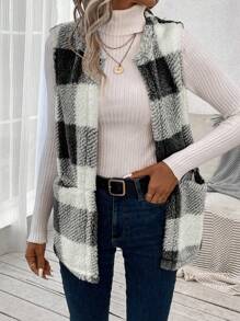 SHEIN LUNE Buffalo Plaid Print Open Front Teddy Vest Coat - Black and White - View 4