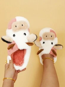 女士卡通可爱奶牛图案室内保暖拖鞋，适合居家穿着 - 粉色 - 查看 1