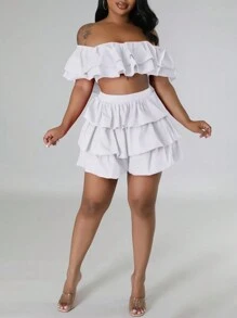 SHEIN SXY Shorts sueltos de imitación de lino blanco con capas de volantes para mujer