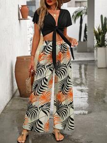 Breezaya Summer Vacation Solid Color Bandeau Cropped Top + Botanical Print Long Pants Two-Piece Set