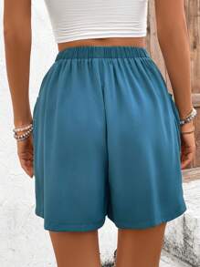 SHEIN LUNE Women's Solid Color Waist Tie Loose Shorts With Pockets - Blue - View 2