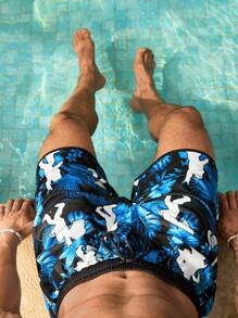 Manfinity Homme Pantaloni Corti Con Coulisse E Tasche A Stampa Integrale Da Uomo Di Taglia Plus Per L'Abbigliamento Casual Estivo - Blu - Visualizzare 4