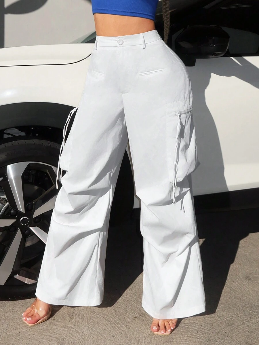 SHEIN SXY 白色女式連體褲 設有拉鍊口袋 寬鬆長褲 - 白色 - 查看 1