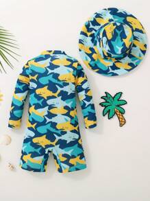 Baby Boy Summer Long Sleeve One-Piece Swimsuit With Sun Protection Hat,2pcs/Set,Cute Navy Blue Shark Print,Suitable For Vacation,Holiday,Beach Wear - Multicolor - View 2