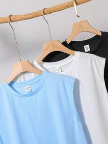 SHEIN 3pcs/Set Tween Boy Casual Street Style Solid Color Letter Graphic Crew Neck Loose Fit Sleeveless Knit Tank Top, 3 Colors,Kids - Baby Blue - View 3