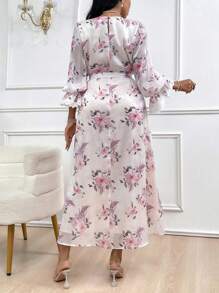 Modelyn Women's Round Neck Floral Printed Lantern Sleeve Belted Arabic Style Dress Long Evening Dresses - Multicolor - View 2