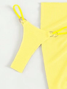 SHEIN Swim 女士夏季海滩纯色露背比基尼套装，带罩裙，特殊面料，3 件套黄色泳衣 - 黃色 - 查看 4