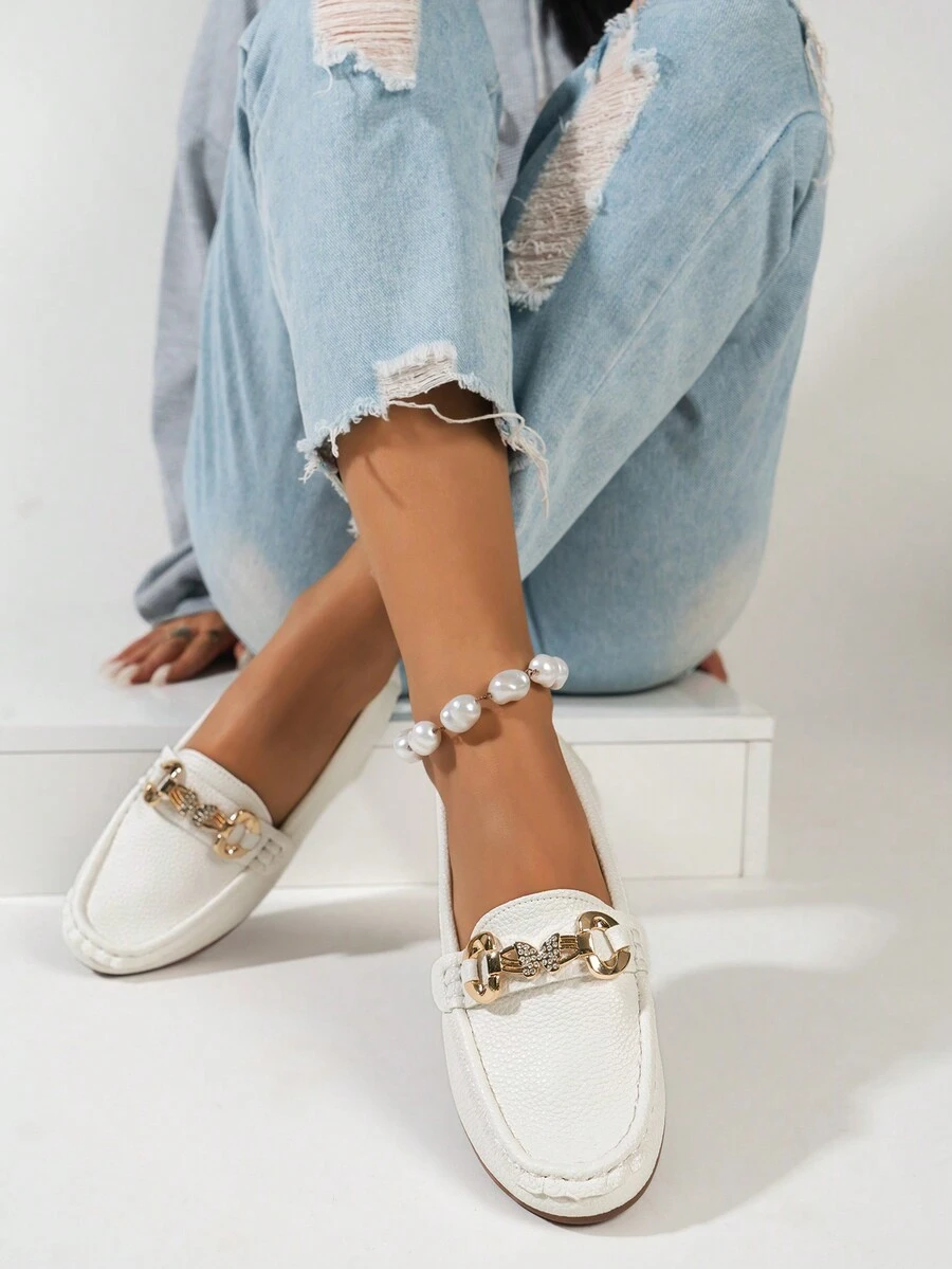 Chaussures plates confortables pour femmes avec strass en forme de papillon, mocassins mignons pour le port décontracté en extérieur, printemps/automne - Blanc - Voir 1