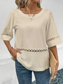 SHEIN LUNE Áo sơ mi tay Raglan rỗng thông thường - Màu be - Xem 3