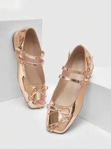 女鞋時尚蝴蝶結平底鞋，適合春夏穿著 - 玫瑰金 - 查看 2