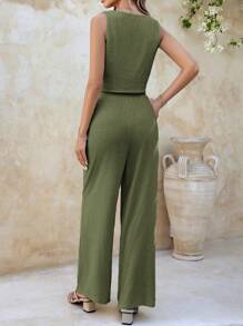 SHEIN Clasi 亞麻實色無袖V領上衣和口袋長褲夏季休閒2件套裝