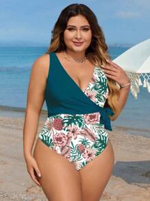 SHEIN Swim Curve Đồ bơi một mảnh in hình nhiệt đới cỡ lớn dành cho kỳ nghỉ ở bãi biển, mùa hè - Nhiều màu - Xem 3