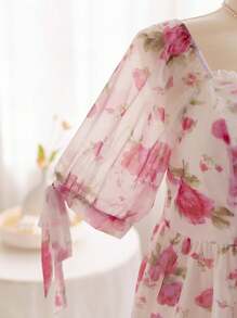 Soleia Vacation Romantic Pink Floral Puff Sleeve Plus Size Dress