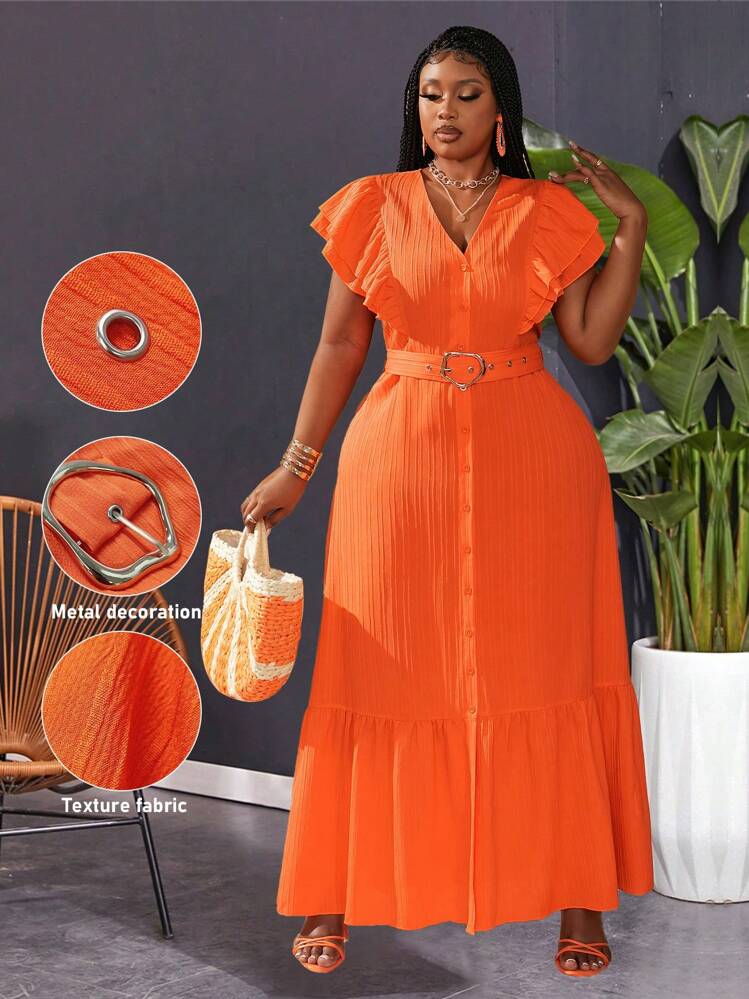 Maweii Plus Size Vacation Style Solid Color Ruffles Trim Front