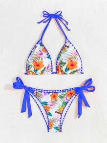 Swim Vcay Women's Tropical Plant Print Halter Neck Tie Sexy Bikini Set For Summer Beach, Random Print