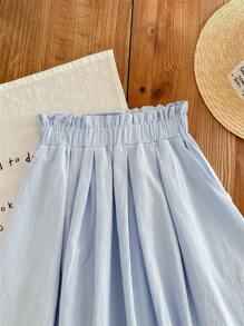 SHEIN LMoss Kids LMoss 年轻女孩宽松 A 字裙，带荷叶边下摆，百搭休闲中裙/半身裙，舒适透气的棉质面料，适合夏季穿着