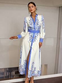 Sollinarry 女式秋季新款腰果花卉印花长袖连衣裙 - 藍色 - 查看 6