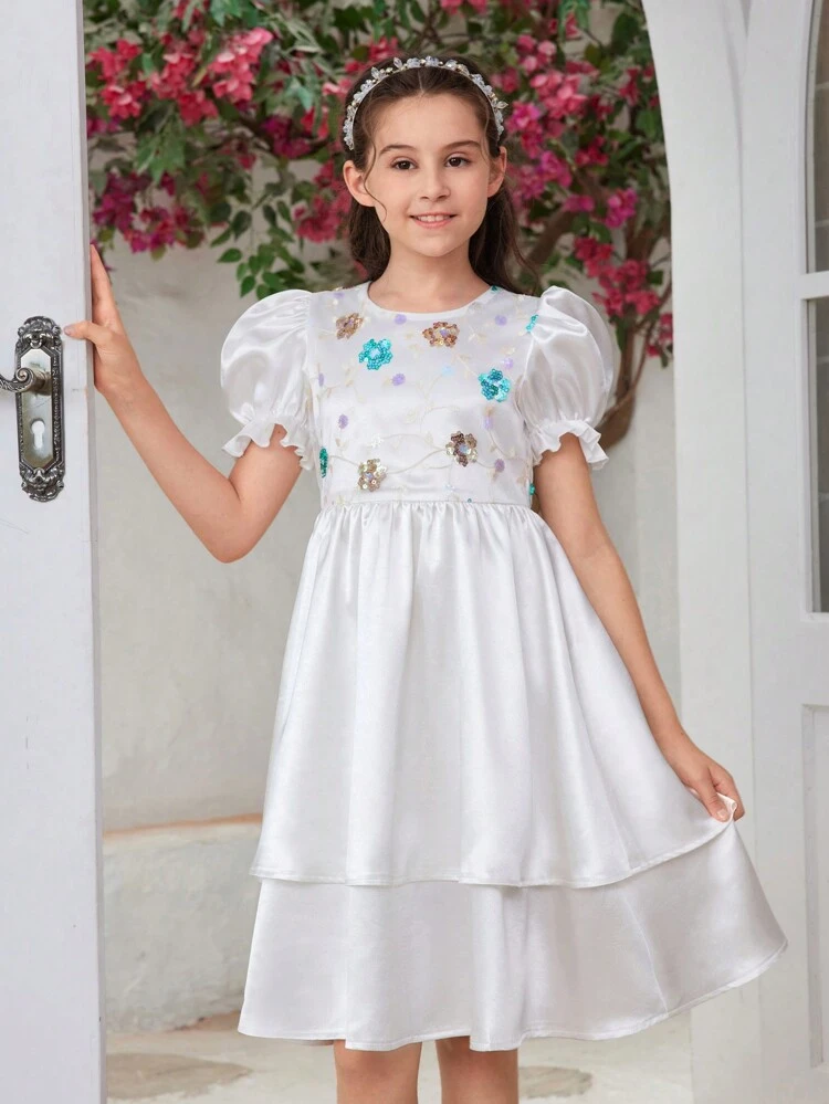 Tween Girl Summer Elegant Sequin Decorated Puff Sleeve Dress