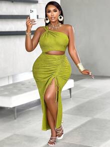 BIUBIU 女式加大码性感单肩扭纹镂空系带褶饰大腿开衩度假连衣裙 - 綠色 - 查看 5