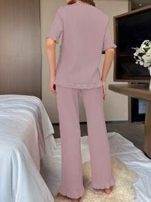 Patchwork Hollow Out Embroidered Texture Casual Pajama Set - Dusty Pink - View 2