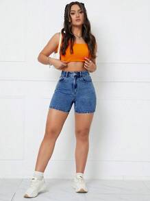 SHEIN Privé 女性休閒修身牛仔短褲，帶口袋 - 中等水洗藍 - 查看 4