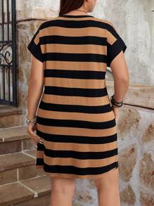 SHEIN LUNE Vestido casual de talla grande para mujer con mangas de murciélago cortas y corte holgado a rayas, ideal para el verano