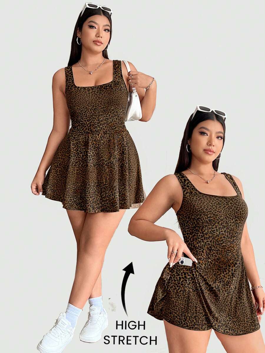 SHEIN EZwear Plus Size Summer Fashion Leopard Print Sleeveless Drawstring Jumpsuit - Brown - View 1