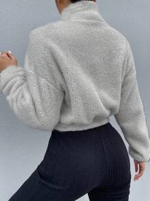 Chiquease Drop Shoulder Zip Up Teddy Jacket Fall Winter Cloth For Women - Grey - View 2