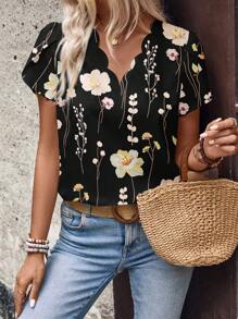 EMERY ROSE Women's Random Printed Short Sleeve Shirt (Pattern Randomly Cut) - Black - View 4
