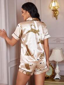 LuxeNights Leopard Animal Pattern Printed Silk-Like Pajama Set - Champagne - View 2