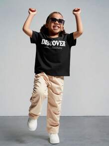 SHEIN Ensemble de T-shirt à manches courtes en tricot pour jeune fille avec conception d'impression de lettre et pantalon long plissé avec poches inclinées - Noir - Voir 4