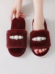 Fall/Winter Women's Plush Indoor Pearl Furry Slippers, Home Slippers For Ladies,Christmas,Fluffy Slippers - Burgundy - View 5