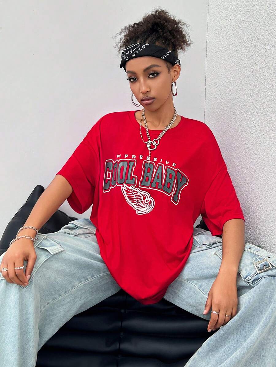 SHEIN Coolane Women's Summer Back To School Basketball Game Letter Printed Oversized Drop Shoulder Sleeve T-Shirt - Red - View 1