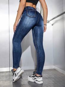 SHEIN EZwear Damskie, obcisłe jeansy zapinane na guziki, z dziurami, wszechstronne - Królewski Niebieski - Zobacz 2