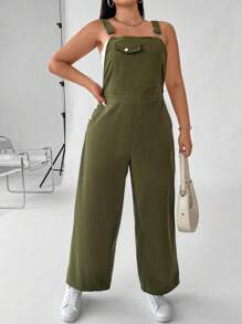 Flirla Mono holgado de talla grande de color liso con bolsillos - Verde militar - Ver 4