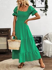 SHEIN Clasi Women's Solid Color Puff Sleeve Dress With Ruffle Hem, Summer - Green - View 6