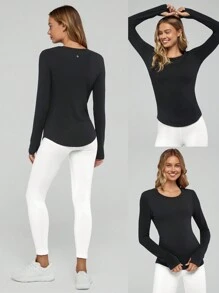 GLOWMODE Ribbed Modal Simple Life Long-Sleeve Hip Length Top With Thumbhole - Black - View 8