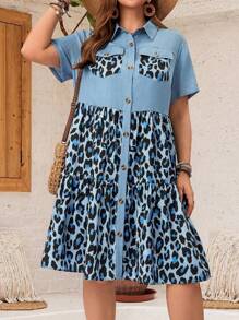 EMERY ROSE Lässig Sommer Urlaub Kleid in Große Größen mit Leopard Muster und vorderen Knöpfen