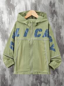 SHEIN Tween Boys' Spring/Fall Casual Letter Printing Hooded Jacket - Army Green - View 1