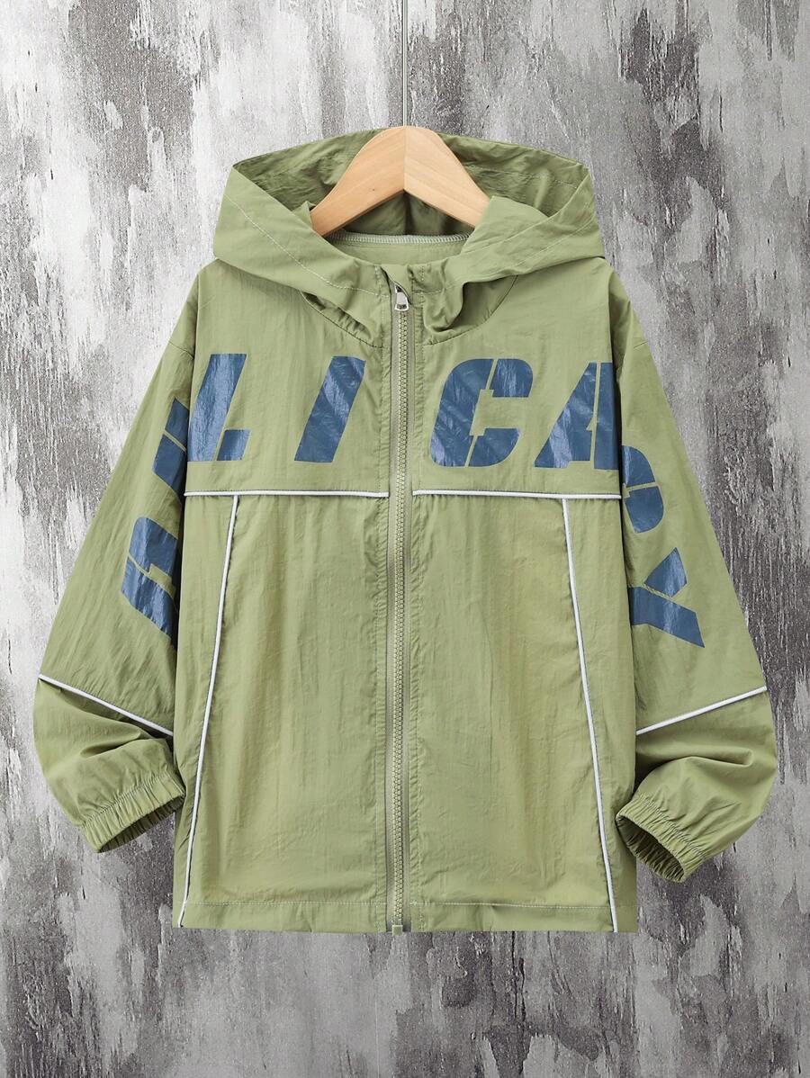 SHEIN Tween Boys' Spring/Fall Casual Letter Printing Hooded Jacket - Army Green - View 1