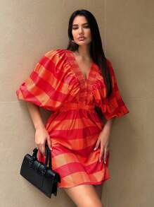 SHEIN Essnce Women's Red Orange Plaid Short Dress, Women's Plaid Dress Hawaiian Dress Summer Women Dresses - Multicolor - View 3