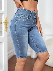 SHEIN Essnce Shorts en jean décontractés pour femmes à boutons avant avec poches