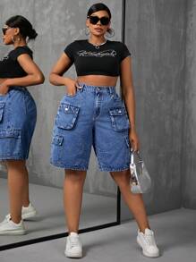 SHEIN SXY 大尺碼女性休閒牛仔短褲，帶口袋 - 中等水洗藍 - 查看 5