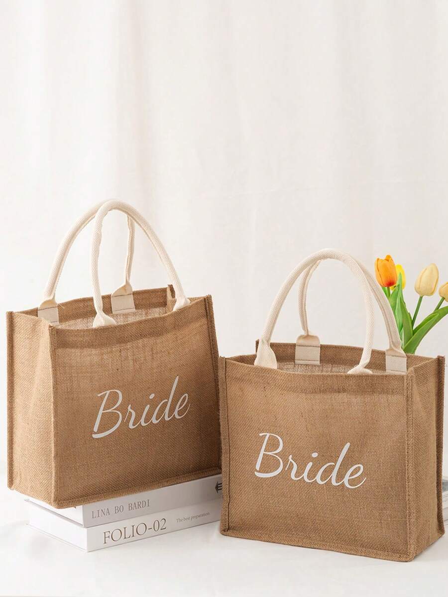 1入Jute / Burlap手提袋，柔軟手柄塗層內部，婚禮 / 訂婚 / 蜜月 / 週年紀念日 / 妻子禮物新娘麻布手提袋，Team Bride伴娘禮物，新娘派對，單身派對，婚禮蜜月禮品袋，婚禮裝飾 - 卡其色 - 查看 1